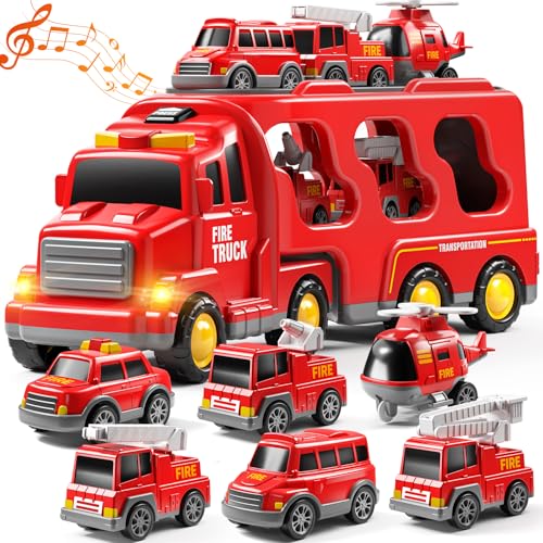 JUKUDAHU 7in1 Fire Trucks for 3 4 5 6 Years Old Boys Transport Car for Toddlers 46 Sound and Light Kids Toys for Ages 24 Gift for Ages 57 48 Year Old Girl Birthday Gifts - Image 1
