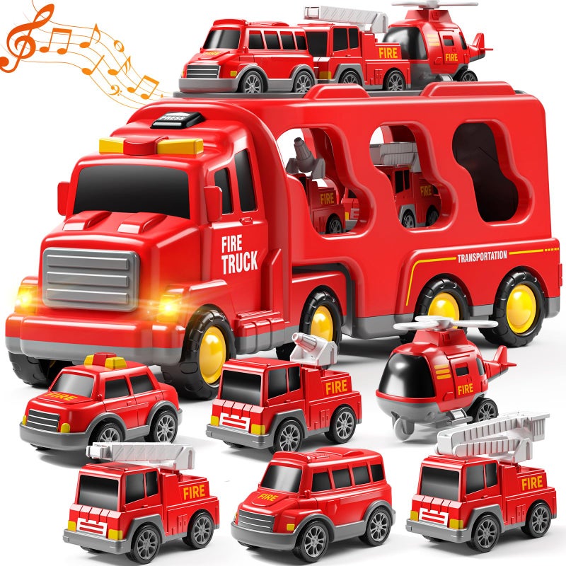 JUKUDAHU 7in1 Fire Trucks for 3 4 5 6 Years Old Boys Transport Car for Toddlers 46 Sound and Light Kids Toys for Ages 24 Gift for Ages 57 48 Year Old Girl Birthday Gifts - Image 3