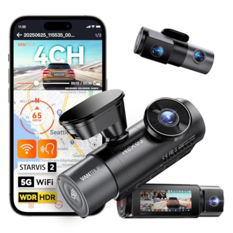 N5S 4 Channel WiFi 360 درجة Dash Cam، STARVIS 2، رؤية ليلية بالأشعة تحت الحمراء، 2.7K+1080P*2+1440P كاميرا أمامية خلفية داخلية، التحكم الصوتي، نظام تحديد المواقع العالمي (GPS)، دعم OTA، وضع انتظار السيارات لمدة 24 ساعة، دعم 1 تيرابايت بحد أقصى - Image 1