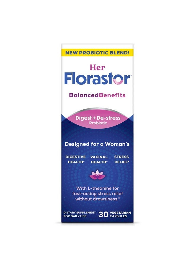 Florastor Her Digest and De-Stress Women's Probiotic and Stress Relief Supplement, Probiotics for Digestive Health, Vaginal Probiotics, and L-Theanine for Mind and Body Wellness, 30 Capsules - Image 1