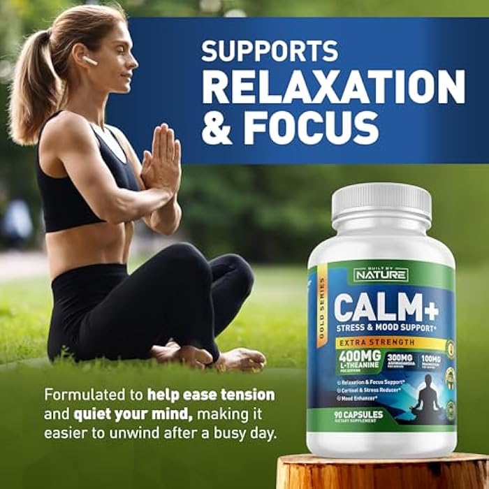 Built by Nature Calm+ Relaxation & Focus – Stress, Cortisol & Mood Support – Calm Supplement with L-Theanine, Ashwagandha, Magnesium Glycinate, Vitamin D3 – 90 Capsules - Image 5