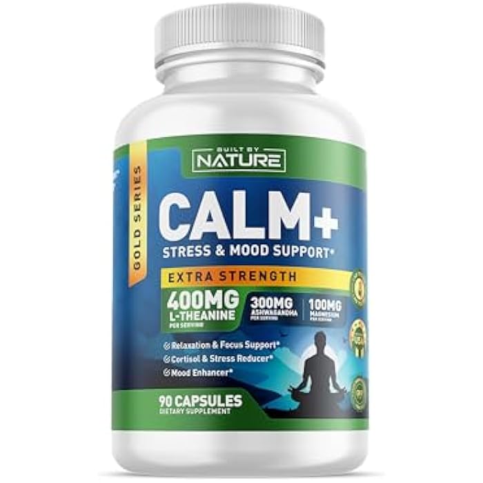 Built by Nature Calm+ Relaxation & Focus – Stress, Cortisol & Mood Support – Calm Supplement with L-Theanine, Ashwagandha, Magnesium Glycinate, Vitamin D3 – 90 Capsules - Image 1