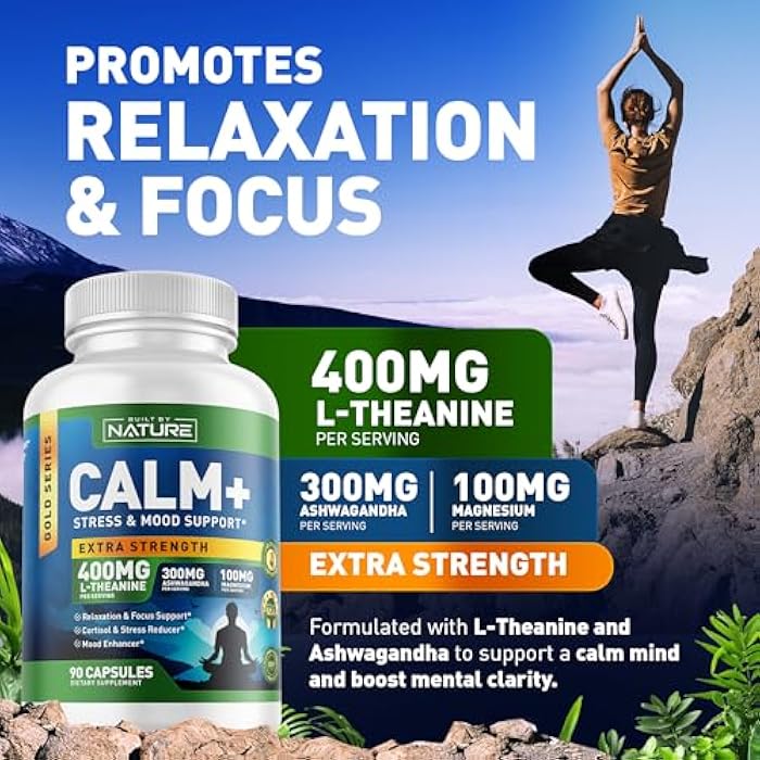 Built by Nature Calm+ Relaxation & Focus – Stress, Cortisol & Mood Support – Calm Supplement with L-Theanine, Ashwagandha, Magnesium Glycinate, Vitamin D3 – 90 Capsules - Image 2