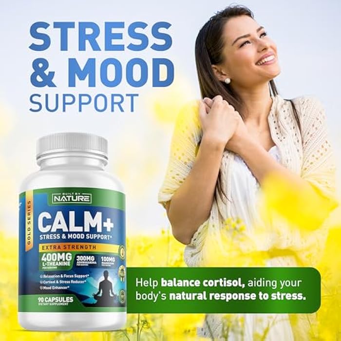 Built by Nature Calm+ Relaxation & Focus – Stress, Cortisol & Mood Support – Calm Supplement with L-Theanine, Ashwagandha, Magnesium Glycinate, Vitamin D3 – 90 Capsules - Image 3