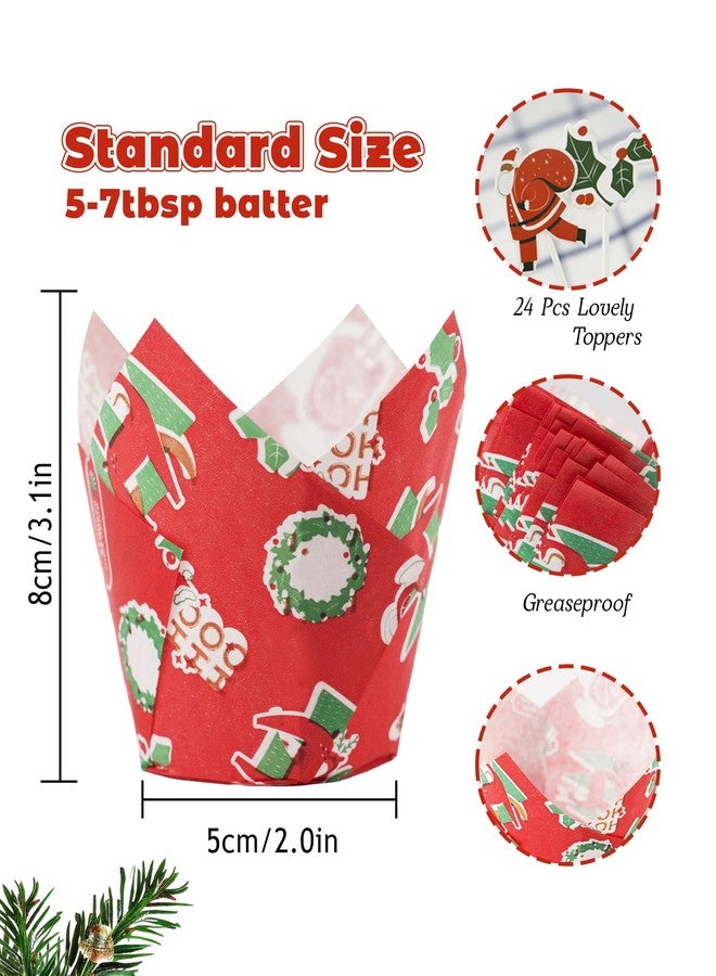 Bake Choice 200 Pcs Christmas Tulip Cupcake Liners with 24 Pcs Cupcake Toppers, Cupcake Liners, Tulip Cupcake Liners for Baking, Standard Tulip Muffin Liners for Christmas Holiday - Image 2
