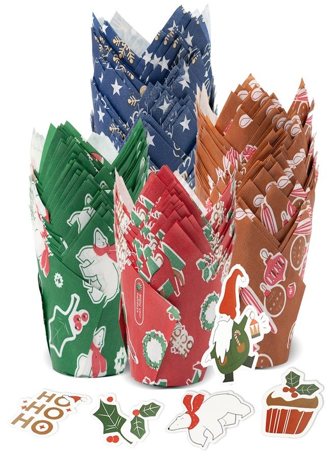 Bake Choice 200 Pcs Christmas Tulip Cupcake Liners with 24 Pcs Cupcake Toppers, Cupcake Liners, Tulip Cupcake Liners for Baking, Standard Tulip Muffin Liners for Christmas Holiday - Image 1