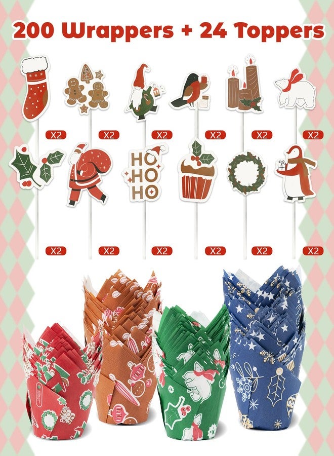 Bake Choice 200 Pcs Christmas Tulip Cupcake Liners with 24 Pcs Cupcake Toppers, Cupcake Liners, Tulip Cupcake Liners for Baking, Standard Tulip Muffin Liners for Christmas Holiday - Image 3