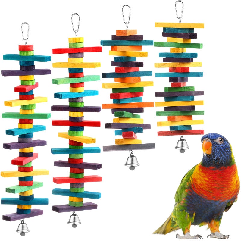 JaGely 4 Pcs Bird Parrot Toys with Multicolored Natural Wood Blocks Bird Chew Toys for Large Medium Parrots Macaws Lovebirds Doves Cockatiels Conures Parakeets Chewing Biting Foraging 2 Designs - Image 2