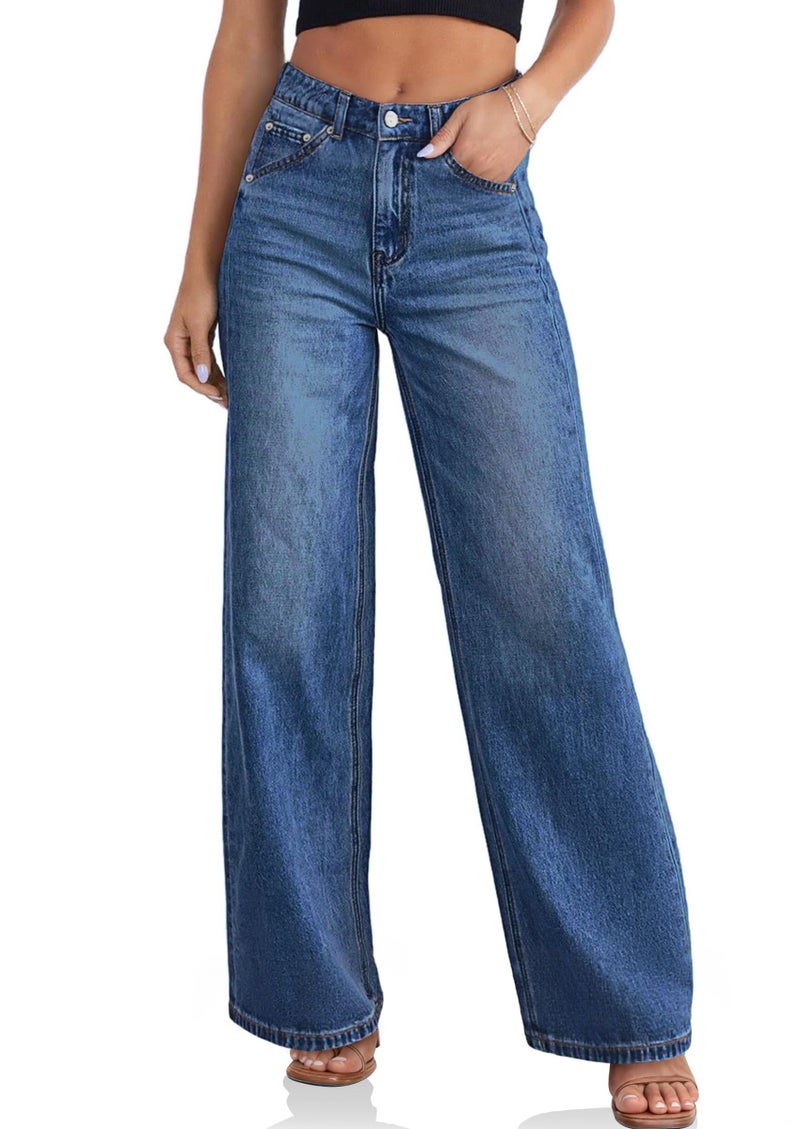 Cicy Bell Womens Wide Leg Baggy Jeans High Waisted Boyfriend Loose Denim Pants with Pockets Blue - Image 1