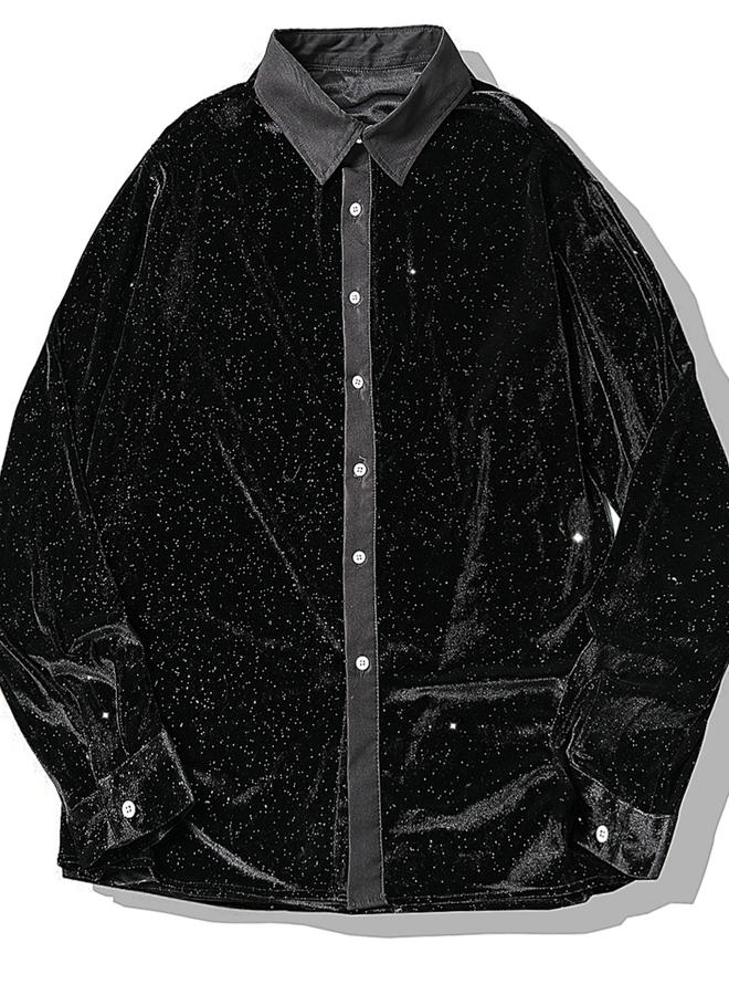 Take Two Men Black Velvet Glitter Look Shirt - Image 1