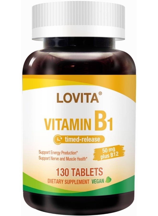 Lovita Vitamin B1 (Thiamine) 50Mg, Timed Release, 8 Hours Sustained, With Vitamin B12 100Mcg, Support Metabolism & Nerve Health, 130 Vegan Tablet - Image 1