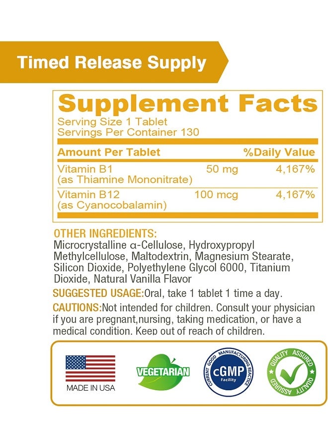 Lovita Vitamin B1 (Thiamine) 50Mg, Timed Release, 8 Hours Sustained, With Vitamin B12 100Mcg, Support Metabolism & Nerve Health, 130 Vegan Tablet - Image 5