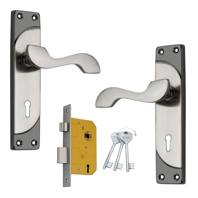Shrida Udyog SHRIDA Steel Door Lock Handle Set with Brass Lock Body Set with 3 KeysMortise Door Locks for Main DoorDoor Lock for Bedroom DoorMain Door Locks for Home Black Silver Finish Curv 511 - Image 1