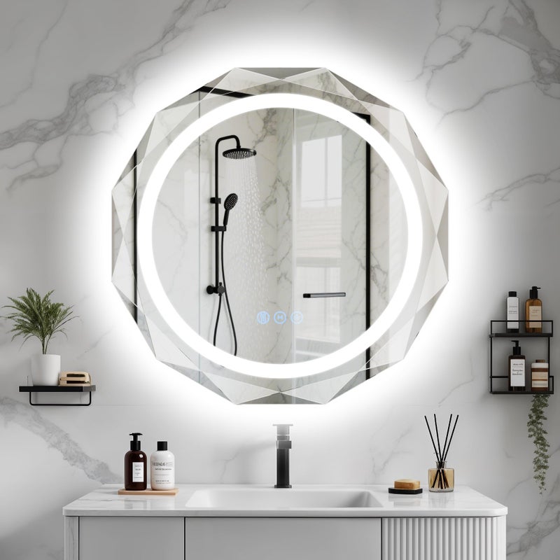 Homsion 32 Inch Round LED Bathroom Mirror with Lights, Frameless Vanity LED Mirror for Bathroom with Beveled Edge, Backlit Anti-Fog, Dimmable, 3 Colors, Memory Function, Tempered Glass, Shatter-Proof - Image 2