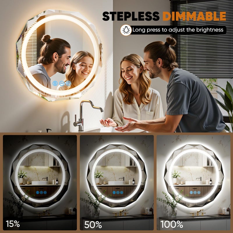 Homsion 32 Inch Round LED Bathroom Mirror with Lights, Frameless Vanity LED Mirror for Bathroom with Beveled Edge, Backlit Anti-Fog, Dimmable, 3 Colors, Memory Function, Tempered Glass, Shatter-Proof - Image 5