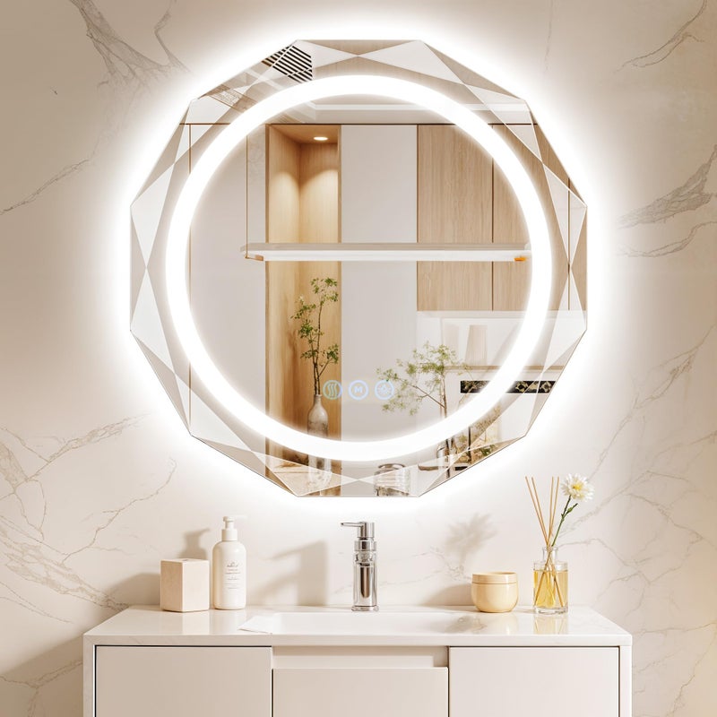 Homsion 32 Inch Round LED Bathroom Mirror with Lights, Frameless Vanity LED Mirror for Bathroom with Beveled Edge, Backlit Anti-Fog, Dimmable, 3 Colors, Memory Function, Tempered Glass, Shatter-Proof - Image 1