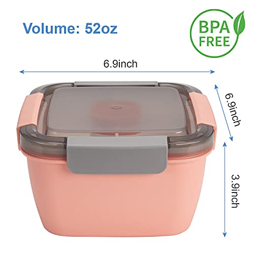 Freshmage Salad Lunch Containers To Go, 2 Pack 52-oz Bowls with 3 Compartments, Dressing Containers for Toppings, Snacks - Pink & Green - Image 5