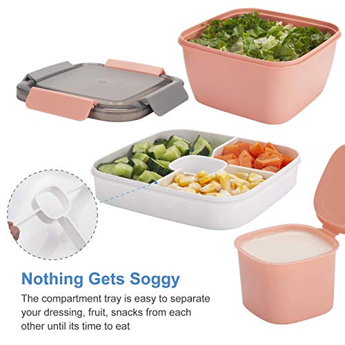 Freshmage Salad Lunch Containers To Go, 2 Pack 52-oz Bowls with 3 Compartments, Dressing Containers for Toppings, Snacks - Pink & Green - Image 3