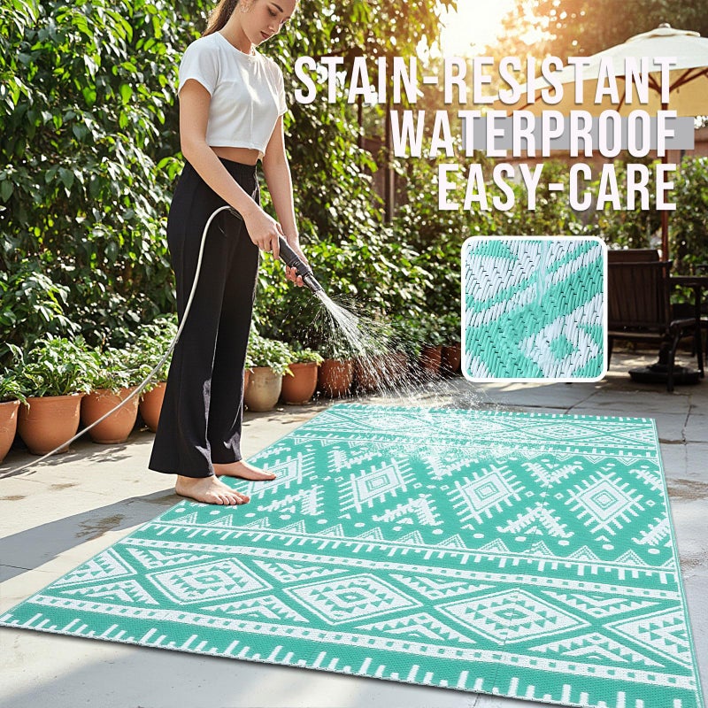OLANLY Outdoor Rug Waterproof 5x8 ft, Reversible Outdoor Plastic Straw Rug, Boho Patio Rug, Indoor Outdoor Carpet, RV Mat Outside for Patio, Camp, Picnic, Balcony, Deck, Backyard, Turquoise & White - Image 3