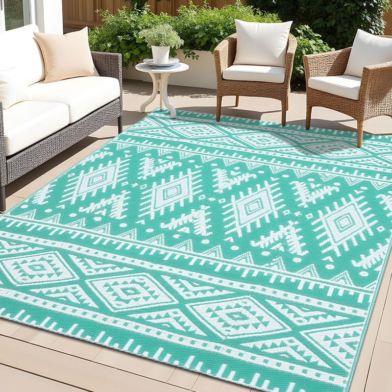 OLANLY Outdoor Rug Waterproof 5x8 ft, Reversible Outdoor Plastic Straw Rug, Boho Patio Rug, Indoor Outdoor Carpet, RV Mat Outside for Patio, Camp, Picnic, Balcony, Deck, Backyard, Turquoise & White - Image 1