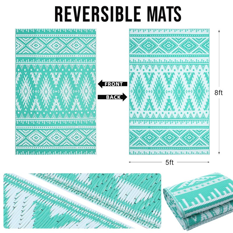 OLANLY Outdoor Rug Waterproof 5x8 ft, Reversible Outdoor Plastic Straw Rug, Boho Patio Rug, Indoor Outdoor Carpet, RV Mat Outside for Patio, Camp, Picnic, Balcony, Deck, Backyard, Turquoise & White - Image 2
