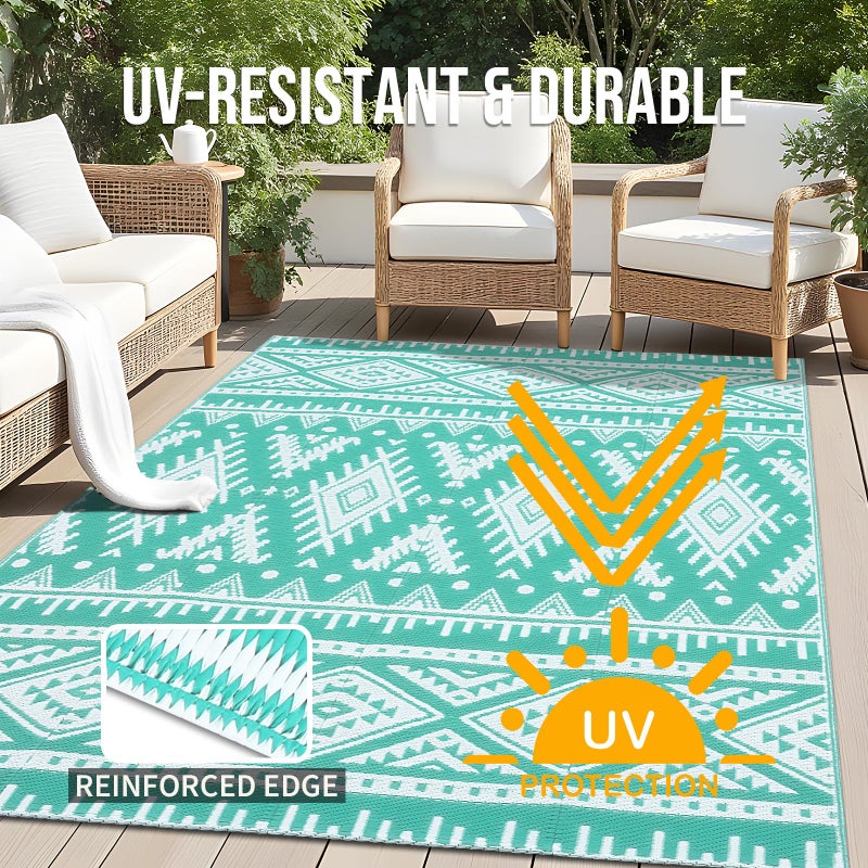 OLANLY Outdoor Rug Waterproof 5x8 ft, Reversible Outdoor Plastic Straw Rug, Boho Patio Rug, Indoor Outdoor Carpet, RV Mat Outside for Patio, Camp, Picnic, Balcony, Deck, Backyard, Turquoise & White - Image 4