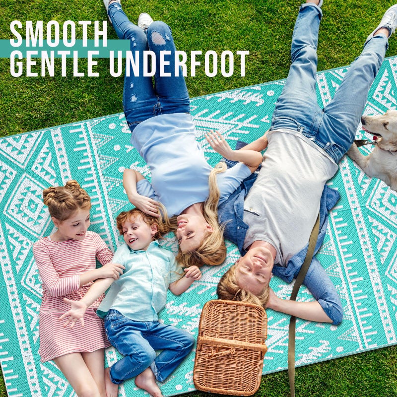 OLANLY Outdoor Rug Waterproof 5x8 ft, Reversible Outdoor Plastic Straw Rug, Boho Patio Rug, Indoor Outdoor Carpet, RV Mat Outside for Patio, Camp, Picnic, Balcony, Deck, Backyard, Turquoise & White - Image 5