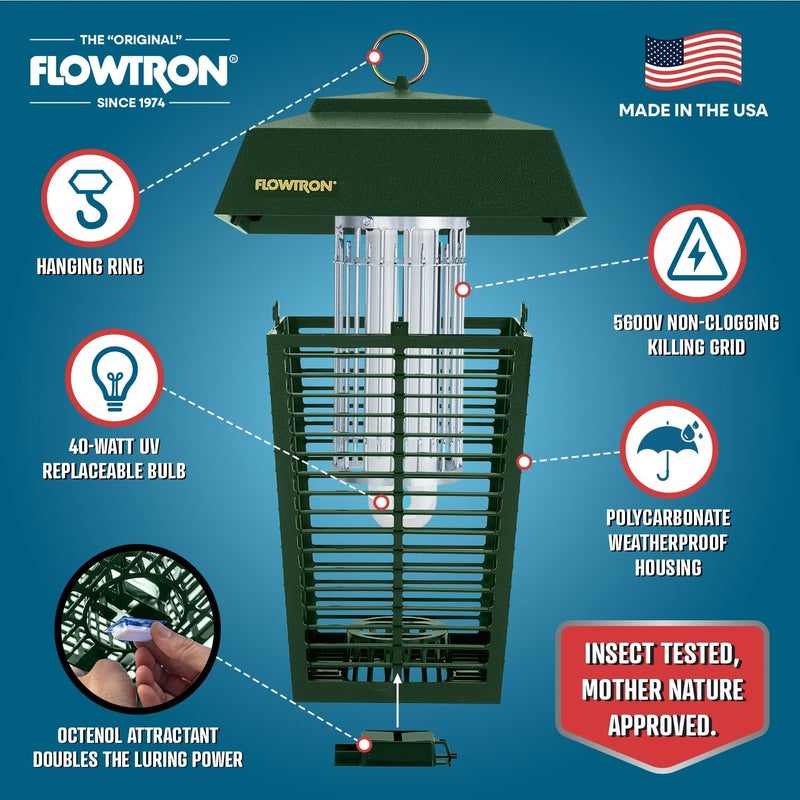 Flowtron Bug Zapper, 1 Acre of Outdoor Coverage with Powerful 40W Bulb & 5600V Instant Killing Grid, Electric Insect, Fly & Mosquito Zapper, Made in The USA - Green Color - Image 2