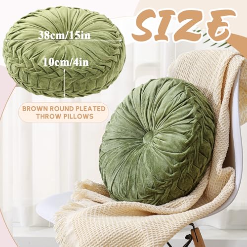 Drydiet 1 Pcs Round Throw Velvet Pillows Decorative Pleated Throw Pillows Diameter Accent Pumpkin Boho Chair Cushion for Couch Sofa Home Decoration Olive Green15 - Image 3