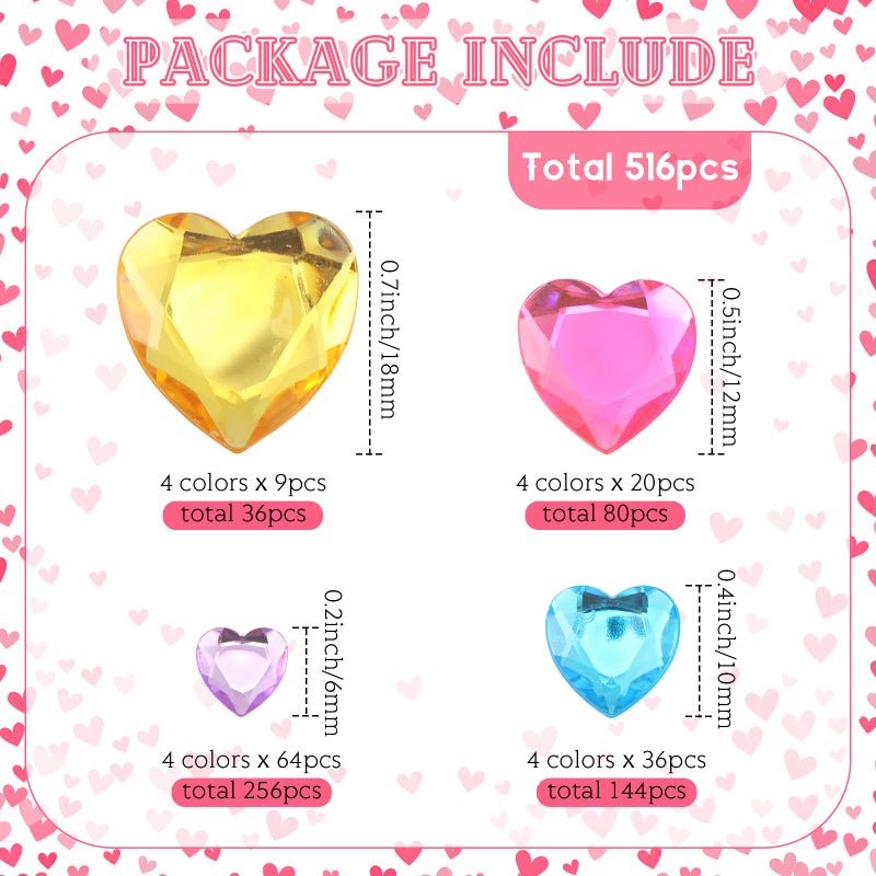 Chuangdi 516 Pcs Acrylic Rhinestone Crystal Gems Rhinestone Flat Back 18mm/12mm/10mm/6mm for Valentine's Day Wedding Decoration DIY Clothes Shoes Jewelry Making Crafts(Multicolor,Heart) - Image 2