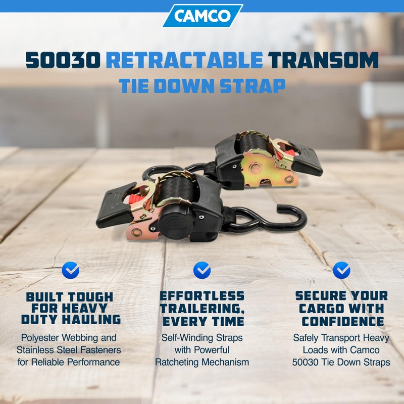 Camco Camco 50030 Retractable Transom Tie Down Strap (2” Width, 5.5’, Bolt-On), Black - Image 2