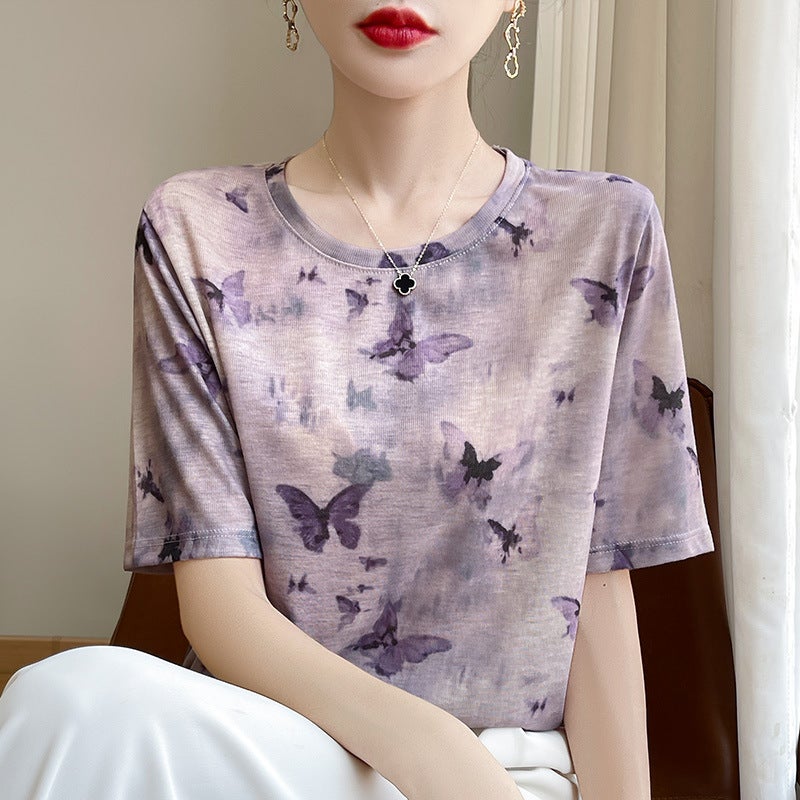 French Tie-Dye Oil Painting Short-Sleeved Shoulder Crewneck Lyocell Thin Top All-Match Loose Butterfly T-Shirt - Image 1