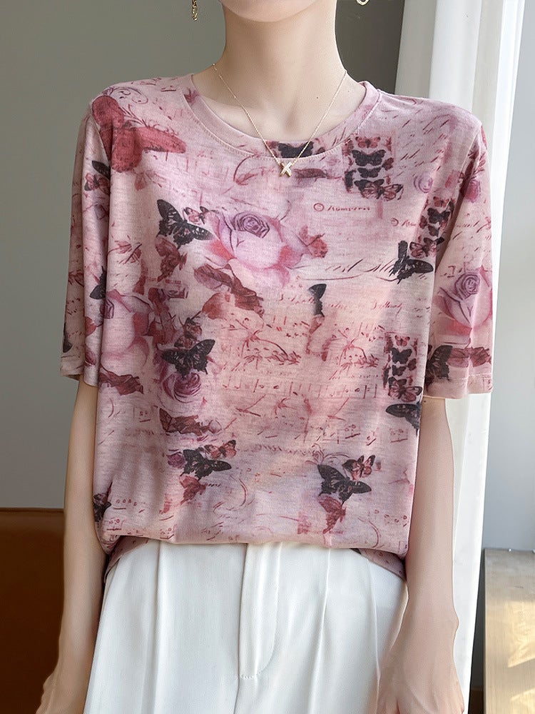 French Tie-Dye Oil Painting Short-Sleeved Shoulder Crewneck Lyocell Thin Top All-Match Loose Butterfly T-Shirt - Image 3