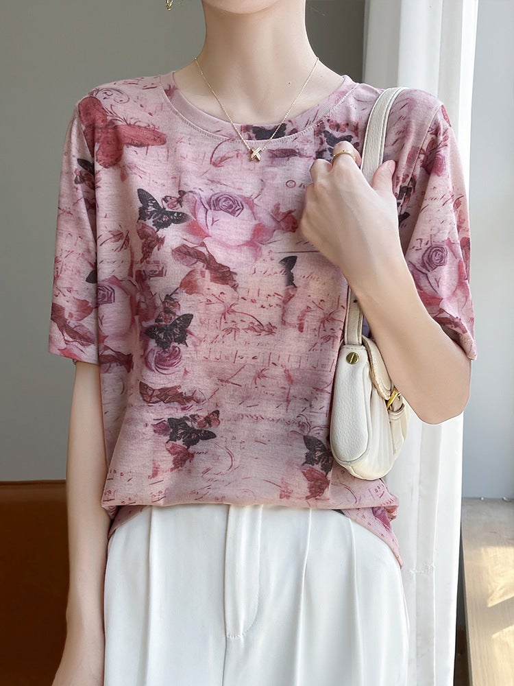 French Tie-Dye Oil Painting Short-Sleeved Shoulder Crewneck Lyocell Thin Top All-Match Loose Butterfly T-Shirt - Image 2