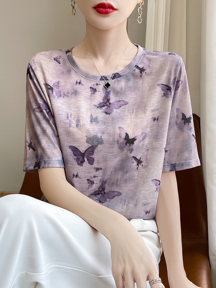 French Tie-Dye Oil Painting Short-Sleeved Shoulder Crewneck Lyocell Thin Top All-Match Loose Butterfly T-Shirt - Image 5