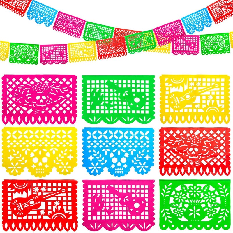 FUTUREPLUSX Day of The Dead Decorations 18 Feet Plastic Papel Picado Banner Dia De Muertos Wall Decor Mexican Fiesta Garland Party Favors