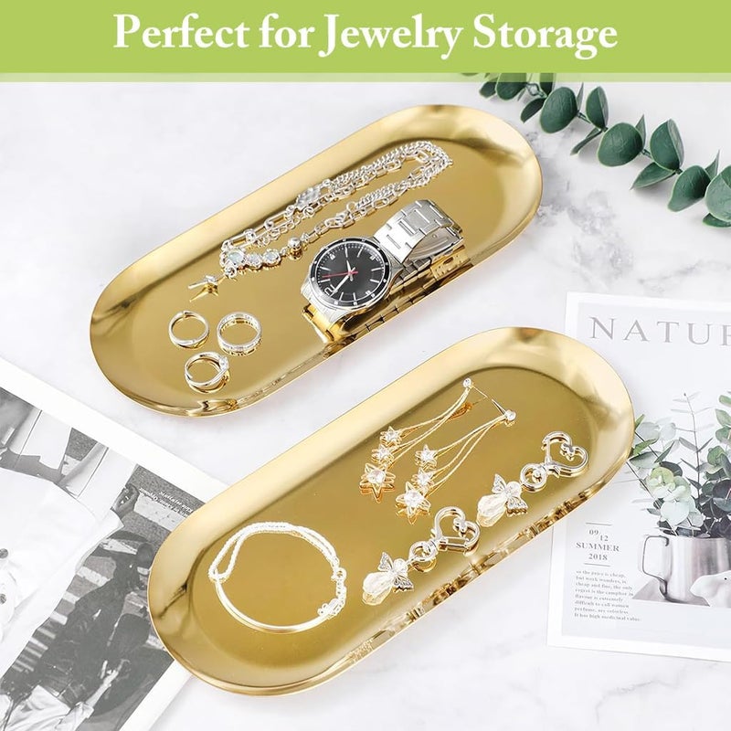 HASTHIP® 2Pcs 23x9cm Golden Stainless Steel Trays, Luxurious Jewelry Organizer, Scratch-Resistant Vanity Trays, Multipurpose Bathroom, Kitchen, Dressing Table Accessories, Elegant Trinket Tray Set - Image 3