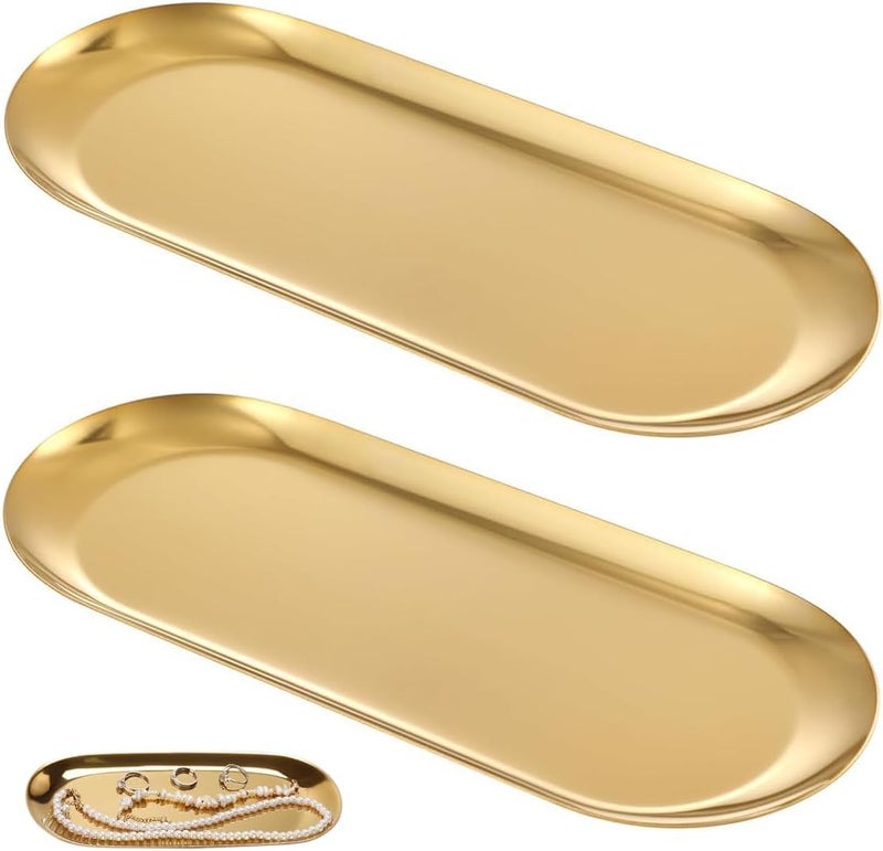 HASTHIP® 2Pcs 23x9cm Golden Stainless Steel Trays, Luxurious Jewelry Organizer, Scratch-Resistant Vanity Trays, Multipurpose Bathroom, Kitchen, Dressing Table Accessories, Elegant Trinket Tray Set - Image 1