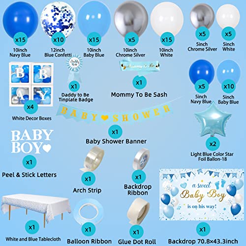 IHEPYQ Baby Shower Decorations for Boy Blue Baby Party Decor Kit with Balloons Boxes Blue Balloon Garland Backdrop Banner and Tablecloth and Baby Shower Sash Baby Boy Shower Decorations - Image 5