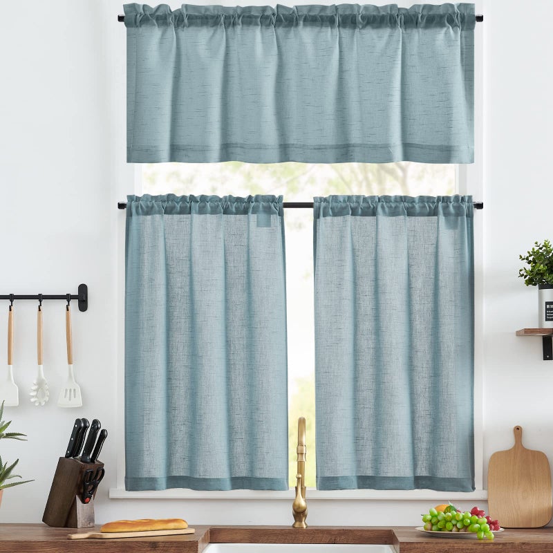 jinchan Kitchen Curtains and Valances Set 3 Pieces Linen Tiers and Valance 24 Inch Cafe Curtains with Valance Rod Pocket Farmhouse Small Drapes Set Rustic Country for Laundry Room Bathroom Blue - Image 2