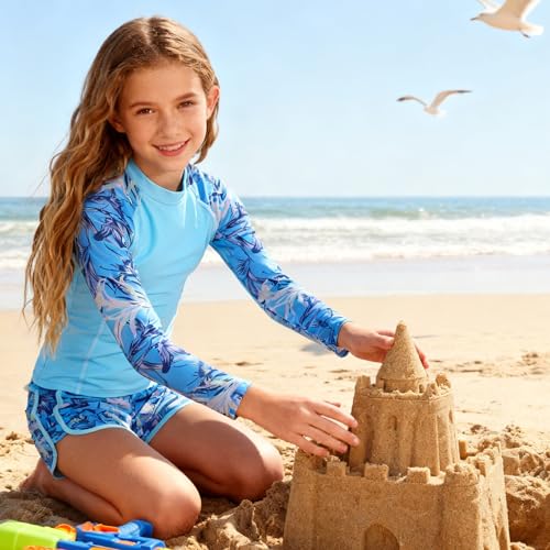 Vogseek Swim Suits for Girls 10-12 Years Old Summer Two Piece UPF 50+ Tankini Swimwear Size 12 11 Juniors Sun Protection Rush Guard Swimming Shirt and Modest Swim Board Shorts Bathing Suits A Blue - Image 2