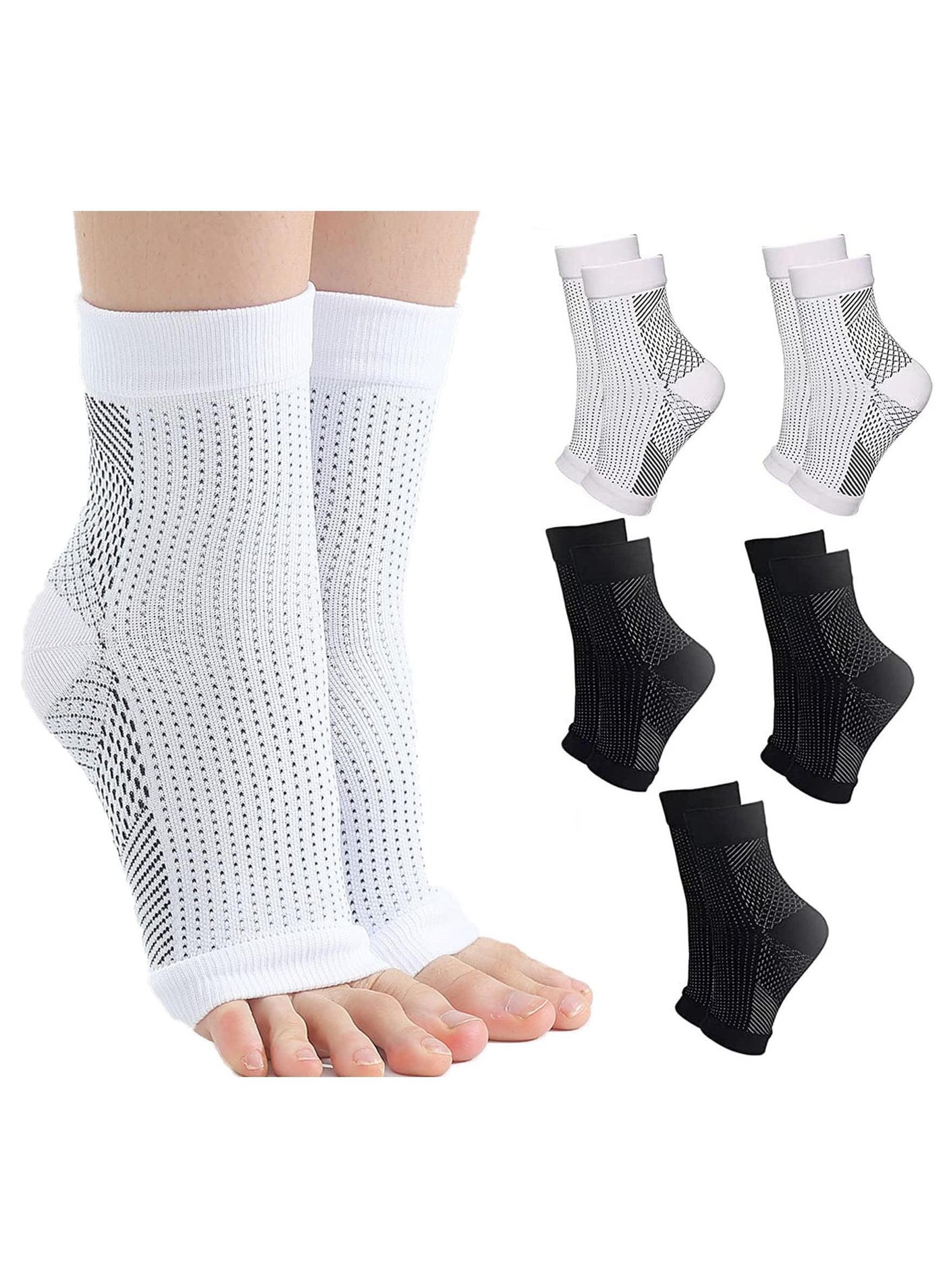 Sweet seven 5 Pairs Copper Compression Socks Ankle Brace Neuropathy and Tendonitis Relief Pain Management Foot Compression Sleeves for Men and Women (Size L/XL White Black and White Dots)
