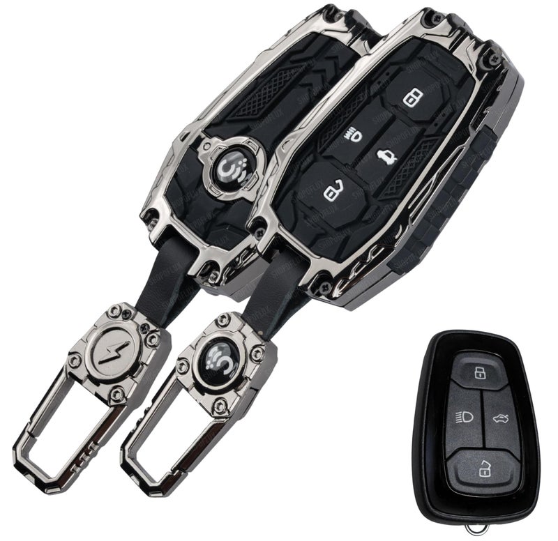 SHOPOFLUX Key Cover Compatible with Tata Nexon | Harrier | Safari | Altroz | Tigor | EV | Punch | Tiago EV Electric 4 Button Smart Key (Metal Silicone Black) - Image 1
