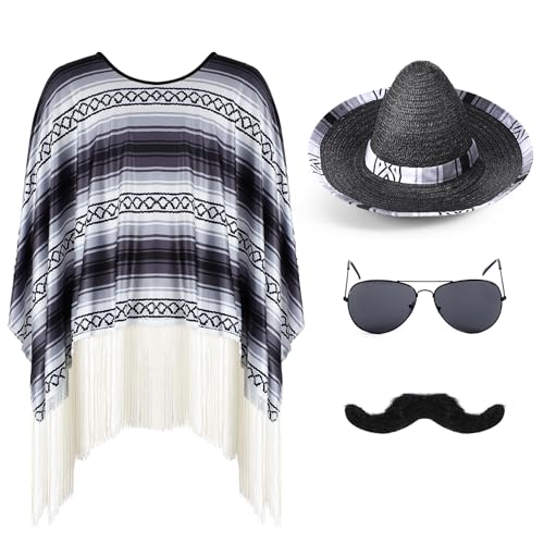 Yahenda 4 Pcs Mexican Costume Set for Adults Include Mexican Serape Poncho Sombrero Sunglasses Moustache(Novelty) - Image 1