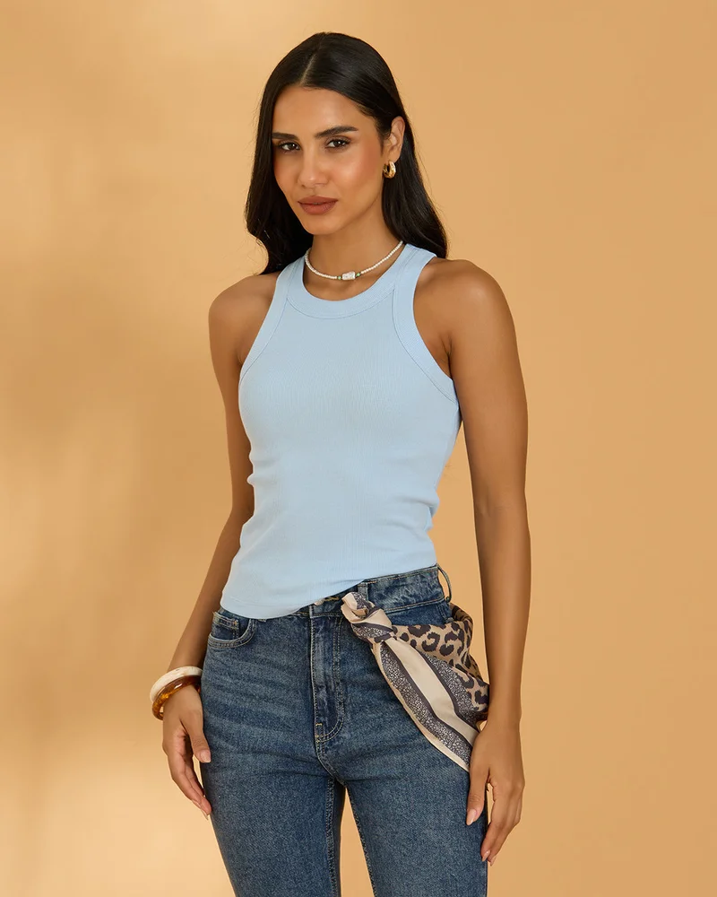 Redtag Women Blue Ribbed Vest