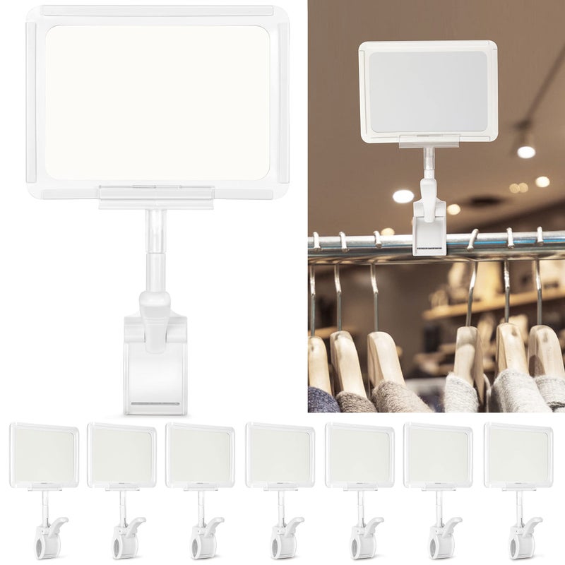 Acrylic Sign Holder with Clamp 6 x 9 Inch Double Head Display Clips with PVC Card Protector Rotating Sign Price Tag Clip On Sign Display for Hangrails or Tubes Pack of 7 White