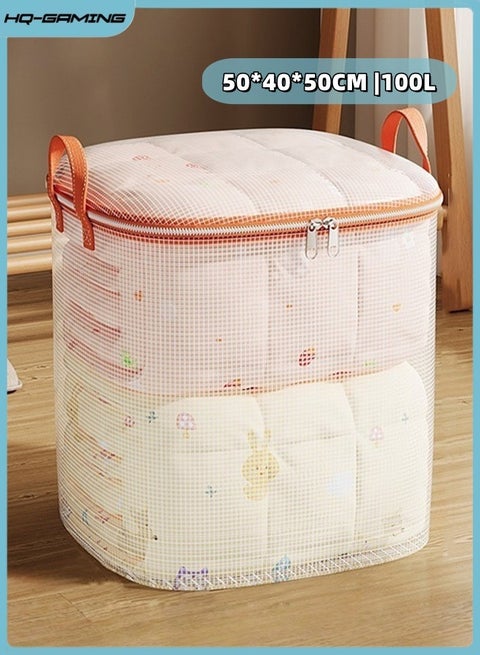 100L Large Storage Bag Quilt Storage Bag with Carry Handles, Clothes Storage Bins Foldable Closet Organizers Storage Containers with Zipper for Blankets, Bedding, 50*40*50cm