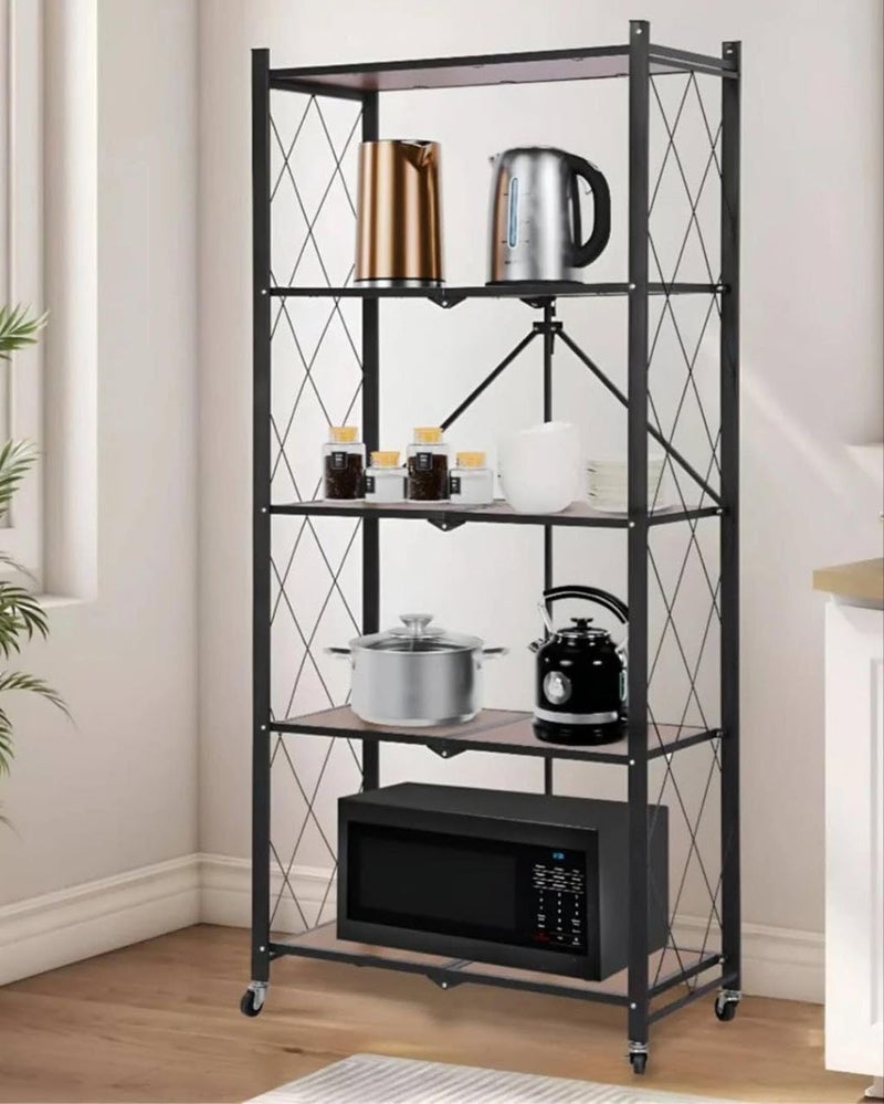 Advanced Metal 5 - Shelf Kitchen Storage Rack, Black, Wooden Foldable Shelves on Wheels, Microwave Holder, Home Appliance Organizer. - Image 1