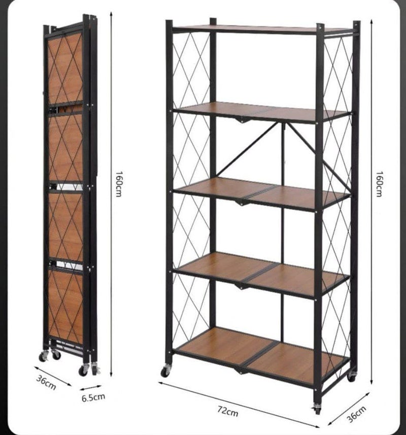 Advanced Metal 5 - Shelf Kitchen Storage Rack, Black, Wooden Foldable Shelves on Wheels, Microwave Holder, Home Appliance Organizer. - Image 2