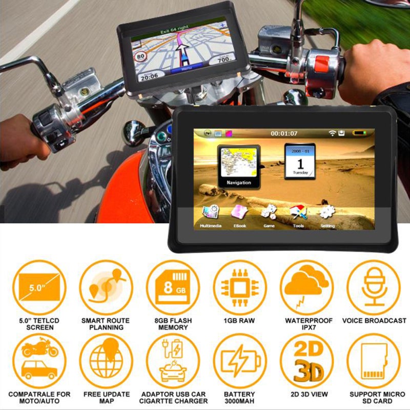 ملاحة GPS مائية للسيارة/دراجة نارية 2 في 1، ملاحة GPS للسيارة، نظام ملاحة ساتلية للدراجات النارية مع مجموعة التركيب، تذكير صوتي بالتوجيهات عند الانعطاف، مسار GPS للشاحنات، خريطة أمريكا الشمالية - Image 3